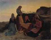 Michael Ancher Girls gathered on Sladrebakken a summernight eve oil painting artist